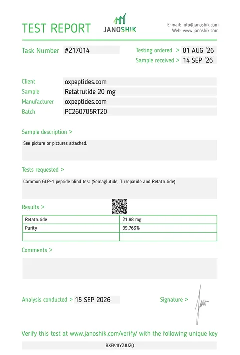 Rapport Janoshik n° 217014 du retatrutide 20 mg : 99,76 % de pureté