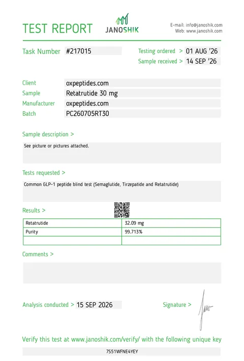 Rapport Janoshik du retatrutide 30 mg OXpeptides