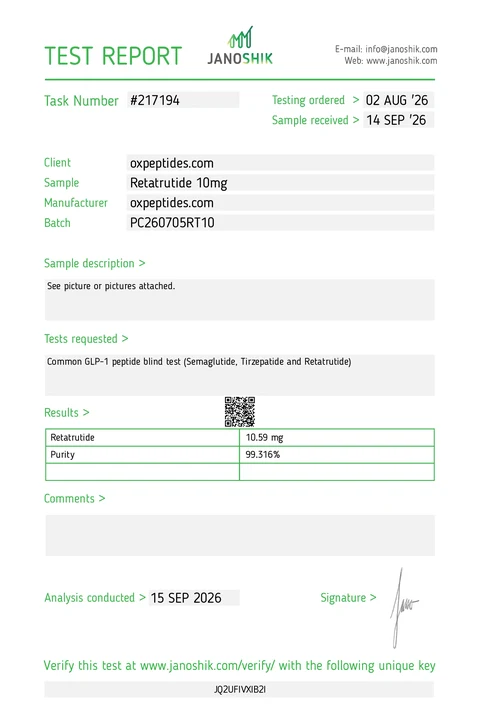 Janoshik #217194 · RP 10 mg : 10,59 mg · 99,316 %