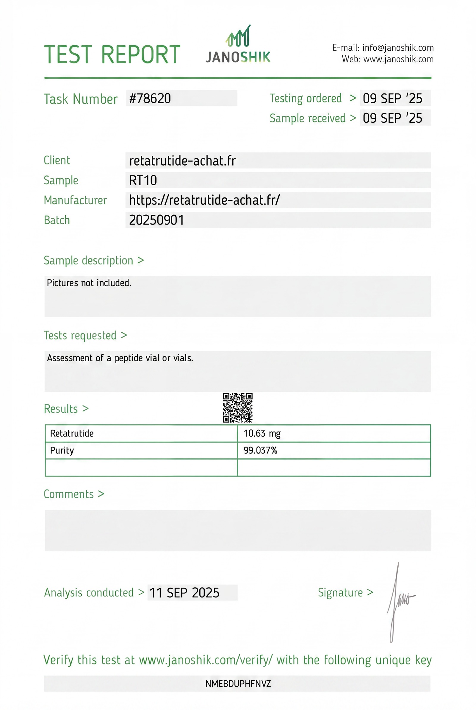 Certificat Janoshik — Rétatrutide RT10, lot 20250901, pureté 99,037%
