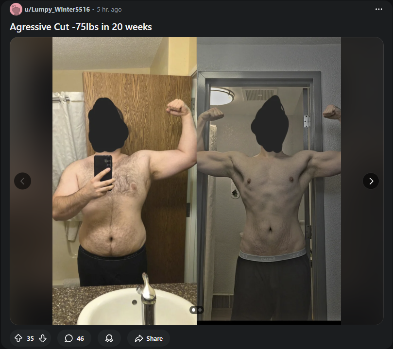 Capture Reddit r/Retatrutide : photos avant/après, u/Lumpy_Winter5516 — Agressive Cut -75lbs en 20 semaines