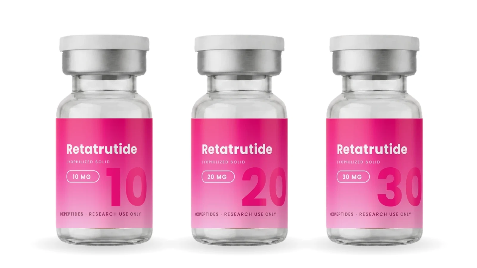 Trois fioles de retatrutide OXpeptides de 10, 20 et 30 mg, réservées à la recherche, sur fond blanc.